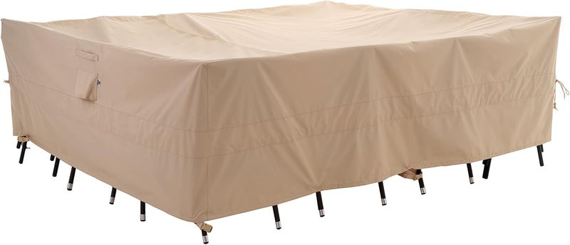 WJ-X3 Rectangular Beige Patio Table Cover, 102W x 78D x 31H Inches - Heavy Duty, Waterproof, Wind-Resistant, Anti-Fade - Ideal for Outdoor Dining Set Protection - Image 1